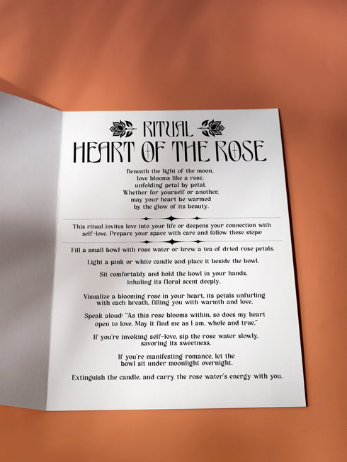 Luxury ritual card featuring golden Art Nouveau rose design on deep emerald background with heart motifs. Inside contains self-love and romance rituals. Perfect for Valentine's Day or personal spiritual practice.